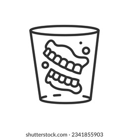 Dentures in a glass, linear icon. Line with editable stroke