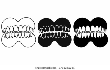 Conjunto de iconos de prótesis dentales, también conocido como dientes postizos que muestran la mandíbula superior e inferior, el contorno y la silueta, para temas de Diseño gráfico dental, ortodoncia, anatomía, higiene y médico
