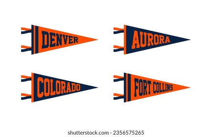 Denver, Aurora, Colorado, Fort Collins sport Pennant Flags Set. Vector Football pendant Icons. University USA Sport flag, isolated