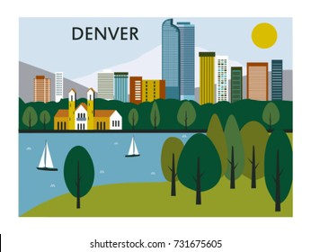 Denver City In Colorado With City Park. Vector