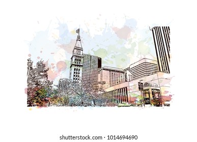 Denver, City in Colorado. Watercolor splash with Hand drawn sketch illustration in vector.