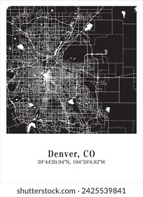 Denver city map. Travel poster vector illustration with coordinates. Denver, Colorado, The United States of America Map in dark mode.