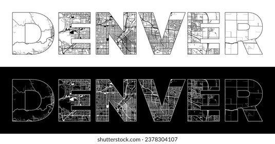 Denver City Name (United States, North America) with black white city map illustration vector