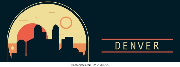 Anuncio de Vector de estilo retro de la ciudad de Denver con horizonte, paisaje urbano. EE.UU. Colorado State vintage ilustración Horizontal. Diseño de viajes de los Estados Unidos de América para presentación de Web, encabezado, pie de página