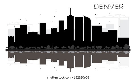 Denver City skyline black and white silhouette with reflections. Vector illustration. Simple flat concept for tourism presentation, banner, placard or web site. Cityscape with landmarks.