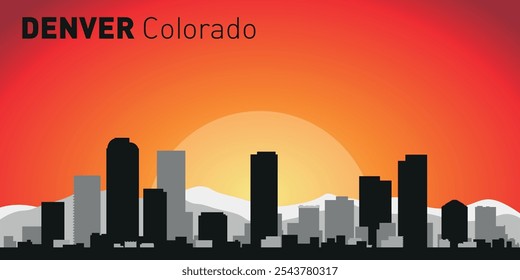 Horizonte de la ciudad de Denver con siluetas de edificios con el telón de fondo de un Grande sol amarillo y cielo anaranjado. Vector en el fondo de la puesta del sol