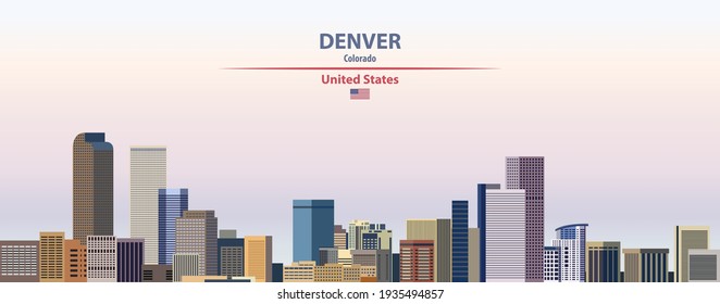 Denver cityscape on sunset sky background vector illustration with country and city name and with flag of United States