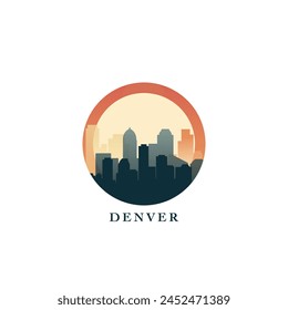 Denver cityscape, vector gradient badge, flat skyline logo, icon. USA, Colorado state city round emblem idea with landmarks and building silhouettes. Isolated abstract graphic