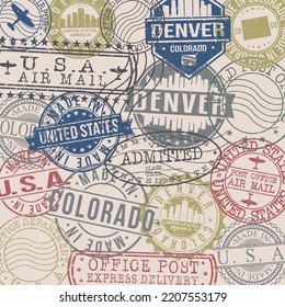 Denver, CO, USA Set of Stamps. Travel Stamp. Made In Product. Design Seals Old Style Insignia.