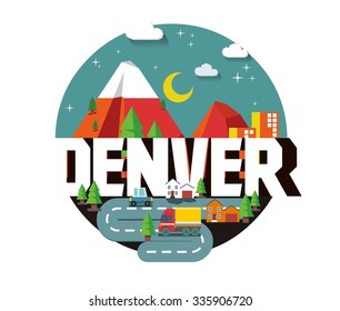 Denver, Colorado great destination to visit, vector cartoon
