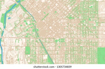 Denver Colorado printable map excerpt. This vector streetmap of downtown Denver is made for infographic and print projects.