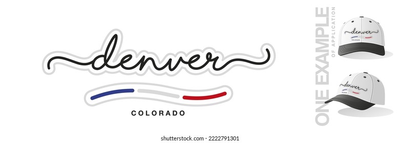 Denver Colorado USA, abstract Denver flag ribbon, new modern handwritten typography calligraphic logo icon with example of application