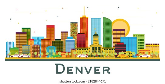 Denver Colorado USA City Skyline with Color Buildings and Blue Sky Isolated on White. Vector Illustration. Business Travel and Tourism Concept with Modern Buildings. Denver Cityscape with Landmarks.