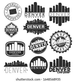 Denver Colorado USA. Skyline Vector Art Stamps. Silhouette Emblematic Buildings.