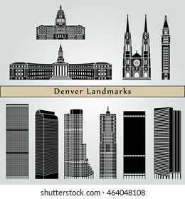 Denver landmarks and monuments isolated on blue background in editable vector file