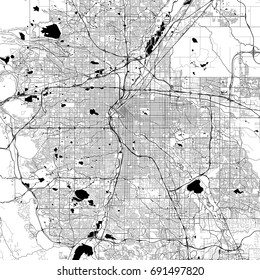 Denver Monochrome Vector Map. Very large and detailed outline Version on White Background. Black Highways and Railroads