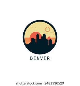 Denver skyline, downtown panorama logo, logotype. USA, Colorado state round badge contour, isolated vector vintage pictogram with monuments, landmarks