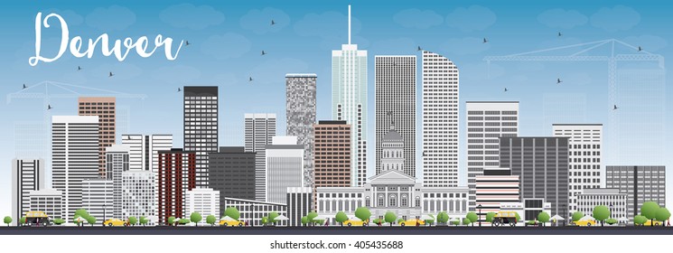 Denver Skyline with Gray Buildings and Blue Sky. Vector Illustration. Business Travel and Tourism Concept with Modern Buildings. Image for Presentation Banner Placard and Web Site. 
