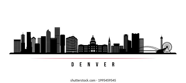 Denver skyline horizontal banner. Black and white silhouette of Denver, Colorado. Vector template for your design. 