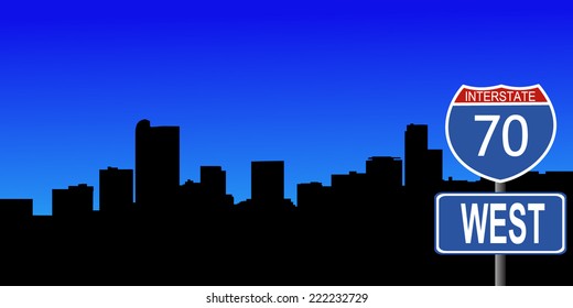 Denver skyline with interstate 70 sign vector illustration