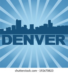 Denver skyline reflected with blue sunburst vector illustration