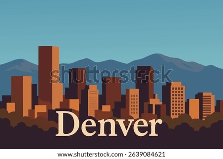 The Denver skyline is set against the backdrop of the Rocky Mountains at sunset, with the city glowing in the warm hues of the evening light and the majestic mountains towering in the distance