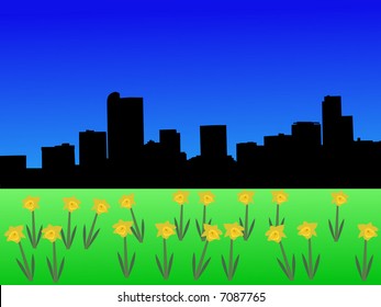 Denver skyline in spring with daffodils