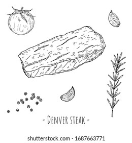 Denver steak. Vector cartoon illustration. Isolated object on a white background. Hand-drawn style.