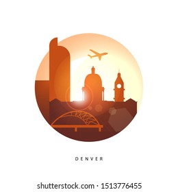 Denver USA detailed silhouette. Trendy vector illustration, flat style. Stylish colorful landmarks. The concept for a web banner. Business travel icon 