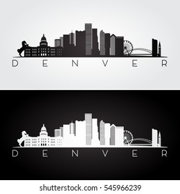 Denver USA skyline and landmarks silhouette, black and white design, vector illustration.