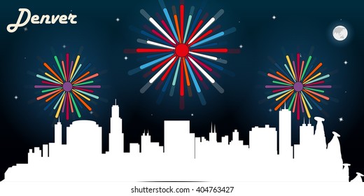 Denver USA skyline silhouette vector design, dark night sky with fireworks