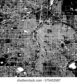Denver Vector Map, Artprint. Black Landmass, White Water and Roads.