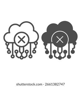 Negar ou proibir linha de acesso à nuvem e ícone sólido, conceito de acumulação de dados. Gráficos vetoriais. Links de conexão de armazenamento na nuvem sinal proibido no fundo branco, ícone de estilo de contorno para design móvel ou web