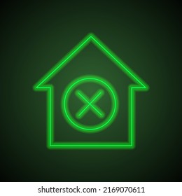 Denegar, icono de casa simple. Diseño plano. Neón verde sobre fondo negro con luz verde.ai