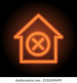 Denegar, icono de la casa simple. Diseño plano. Neón naranja sobre fondo negro.ai