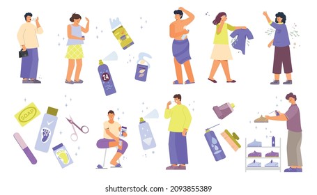 Deodorant antiperspirant set with flat icons of cosmetic products makeup appliances and human characters spraying clothes vector illustration