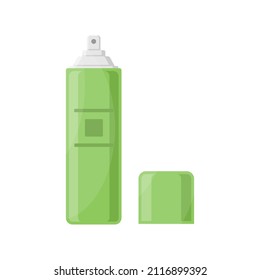 Deodorant antiperspirant spray open bottle with lid vector flat illustration. Green can hygiene cosmetic product for sweat skin care isolated. Jar tube dispenser container daily routine beauty perfume
