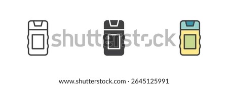 Deodorant bottle with cap icon set in line, solid, and colorful filled outline styles. Hygiene vector sign for personal care and scent. Bathroom clean icon pack.