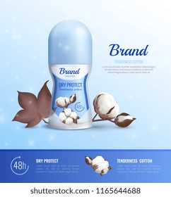 Deodorant bottles realistic poster of different shapes with advertising of 48 hour dry protect and tenderness cotton realistic vector illustration