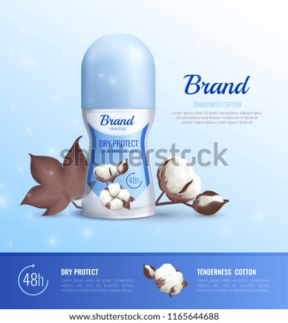 Deodorant bottles realistic poster of different shapes with advertising of 48 hour dry protect and tenderness cotton realistic vector illustration