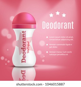 Deodorant composition with realistic image of antiperspirant in plastic package on blurry purple  background with text vector illustration