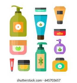 Deodorant, cream, tooth paste, soap bottle, shampoo. Set of tubes and vials cosmetics. Tools for beauty and skin care concept. Vector flat modern style illustration icon. Isolated on white background