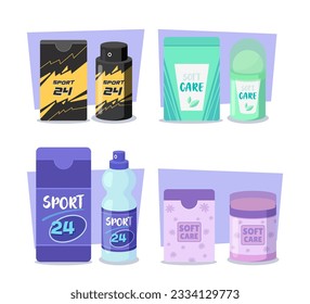 Diseños desodorantes para ilustraciones vectoriales de hombres y mujeres. Colección de dibujos animados de envases desodorantes, botellas o pulverizadores coloridos, tubos y jarras. Cosmetología, cuidado, concepto de belleza