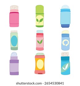 Conjunto de dibujos animados de desodorante ecológico. Vegano biodegradable, sostenible, no tóxico, libre de crueldad desodorante sin plástico Signo ecológico. símbolo aislado Ilustración vectorial
