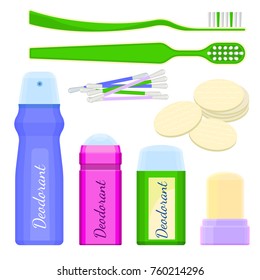 Deodorant icons and toothbrushes with sponges vector illustration