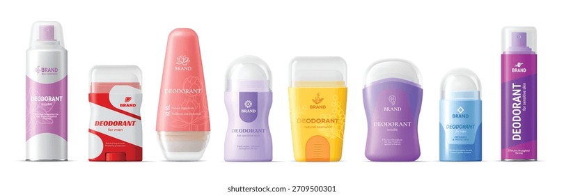 Paquete de desodorante maqueta 3D realista. Conjunto de Vector de antitranspirantes y spray para el cuerpo en colores vibrantes. Palos y rollos para la higiene diaria, protección, frescura y cuidado de la piel sensible