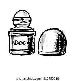 Deodorant roll-on. Hand drawn sketch vector illustration on white background. Black & white & gray.