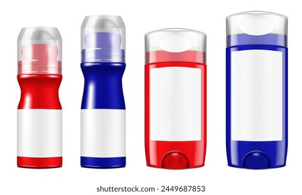 Deodorant roll-on and stick bottles with blank white labels and clear caps. Red and blue. Vector mockup set. Roller and stick bottle. Cosmetic container package mock-up kit. Template for design