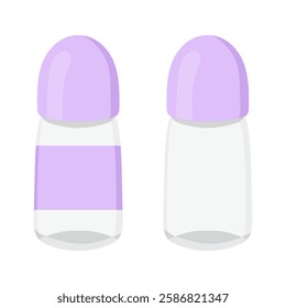 Deodorant set icon. Two roll-on bottles with and without a label. Personal hygiene product for body freshness and odor protection