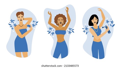 Deodorant set for underarms. Protection against sweat.
Illustrations of three beautiful women using antiperspirant.